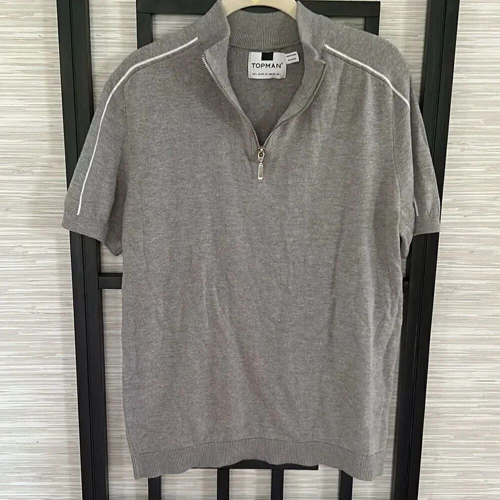 Topman gray and white zippered short sleeve sweater size L